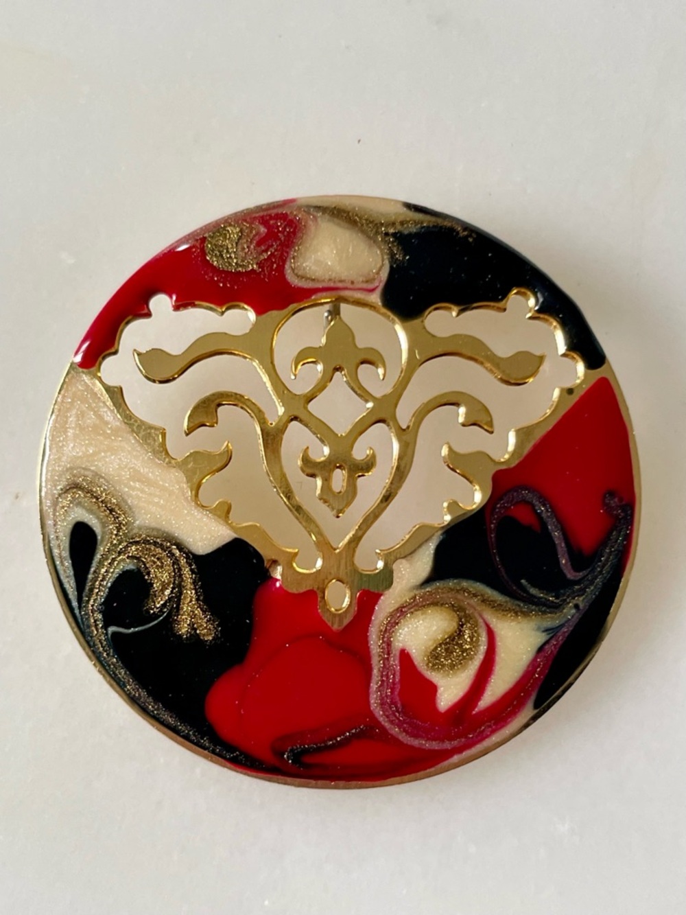 Gold open scroll work Filigree Round Enamel pendant - Red, Black, Cream